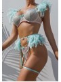 Three-piece sexy lace lingerie set in light blue and rose colors including feathers