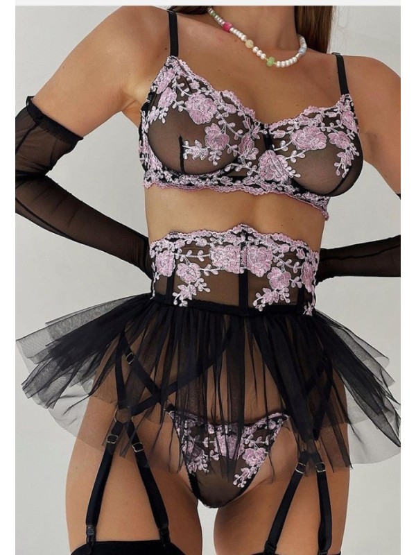 Three-piece  lace sexy lingerie set in black and pink colors, featuring floral design and beautiful skirt like suspender