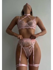 Three-piece sexy lace lingerie set in light pink color featuring suspender with feathers and neck accessory.