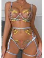 Three-piece lace sexy lingerie set in light blue color featuring floral design