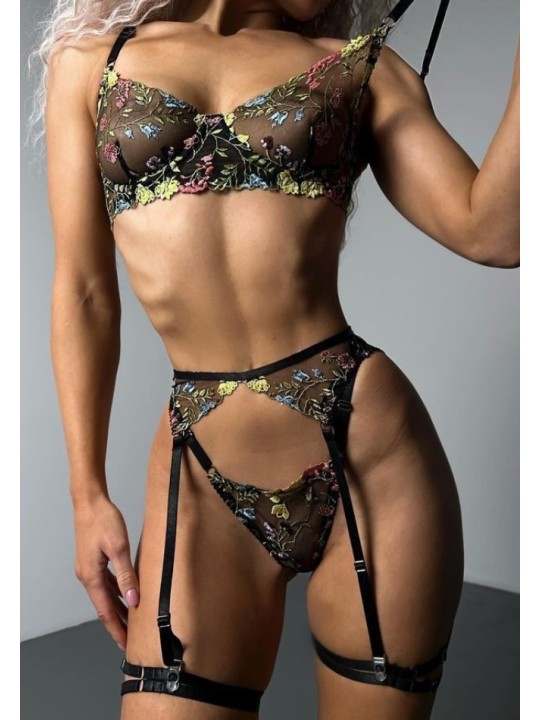 Ensemble de lingerie sexy en dentelle trois pièces de couleur noire avec motif floral.