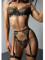 Ensemble de lingerie sexy en dentelle trois pièces de couleur noire avec motif floral.