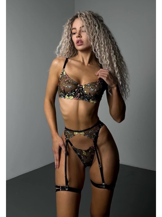 Three-piece sexy lace lingerie set in black color featuring floral design