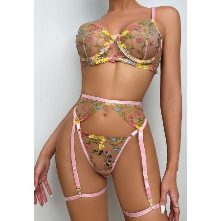 Ensemble de lingerie sexy en dentelle trois pièces de couleur rose clair avec motif floral.