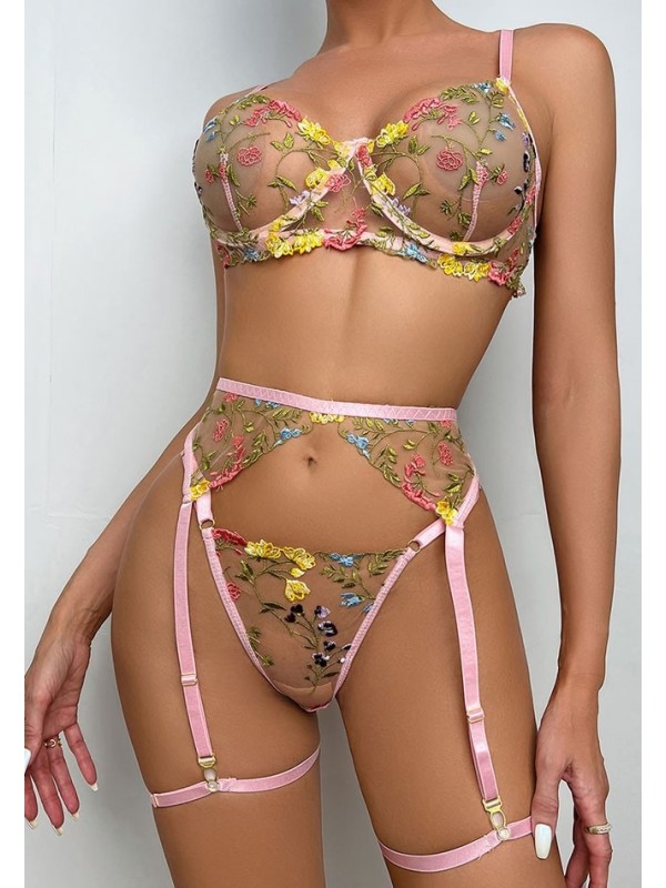 Ensemble de lingerie sexy en dentelle trois pièces de couleur rose clair avec motif floral.