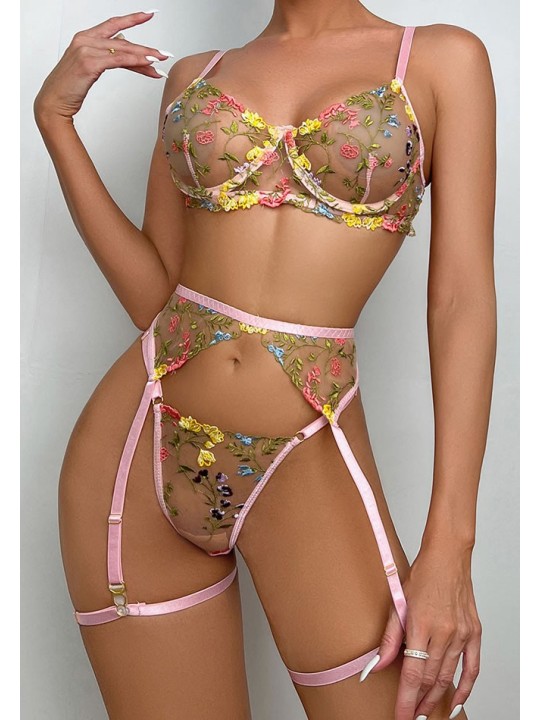 Ensemble de lingerie sexy en dentelle trois pièces de couleur rose clair avec motif floral.