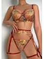 Ensemble de lingerie sexy en dentelle trois pièces de couleur rouge bordeaux, motif floral.