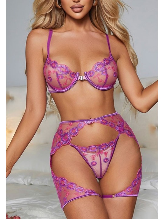 Three-piece sexy lace lingerie set in lilac color featuring floral design