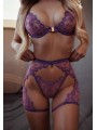 Three-piece sexy lace lingerie set in lilac color featuring floral design