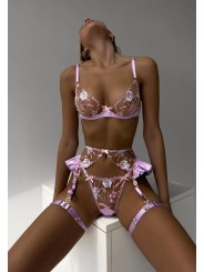 Three-piece sexy lace lingerie set in floral design, lilac color, including bra, satin suspender and adjustable panties.