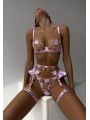 Three-piece sexy lace lingerie set in floral design, lilac color, including bra, satin suspender and adjustable panties.