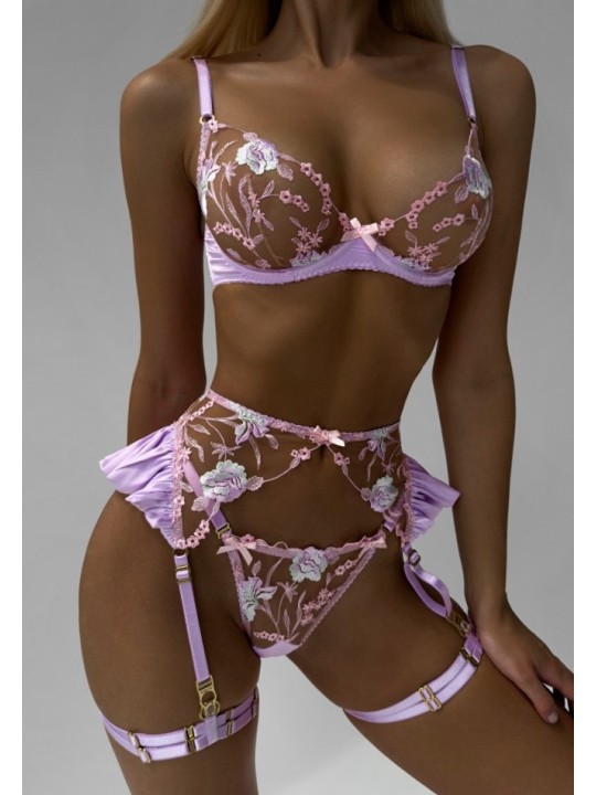 Three-piece sexy lace lingerie set in floral design, lilac color, including bra, satin suspender and adjustable panties.