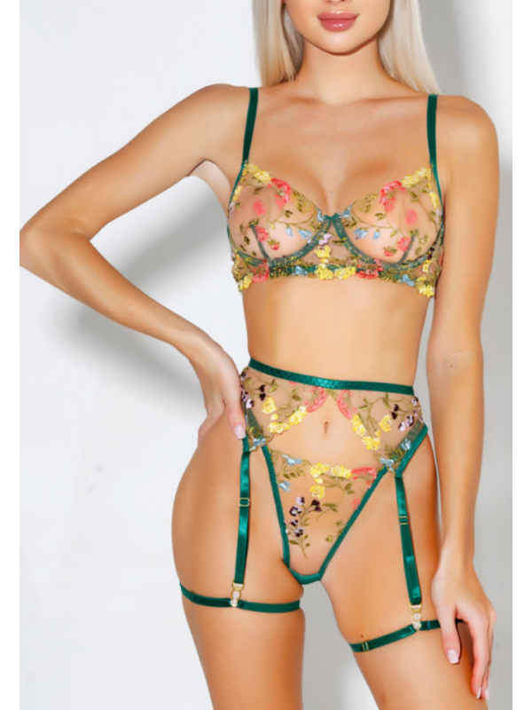 Three-piece sexy lace lingerie set in green color featuring floral design.