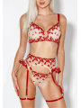 Three-piece red sexy lingerie set including: bra, suspender and adjustable panties, red hearts design.