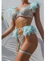 Three-piece sexy lace lingerie set in light blue and rose colors including feathers