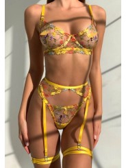 Ensemble de lingerie sexy en dentelle trois pièces de couleur jaune avec motif floral.