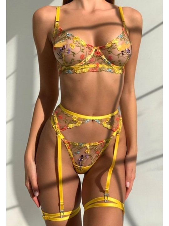 Three-piece sexy lace lingerie set in yellow color featuring floral design