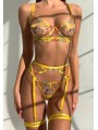 Ensemble de lingerie sexy en dentelle trois pièces de couleur jaune avec motif floral.