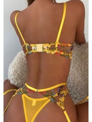 Ensemble de lingerie sexy en dentelle trois pièces de couleur jaune avec motif floral.