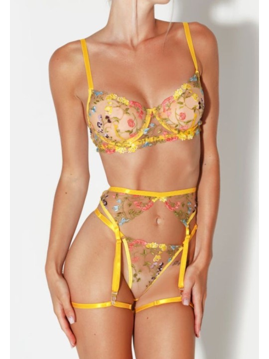 Three-piece sexy lace lingerie set in yellow color featuring floral design