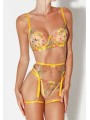 Ensemble de lingerie sexy en dentelle trois pièces de couleur jaune avec motif floral.