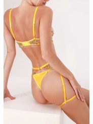 Ensemble de lingerie sexy en dentelle trois pièces de couleur jaune avec motif floral.