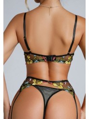 Ensemble de lingerie sexy en dentelle trois pièces de couleur noire avec motif floral.