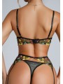 Ensemble de lingerie sexy en dentelle trois pièces de couleur noire avec motif floral.