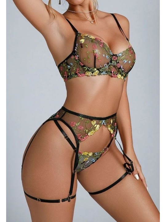 Ensemble de lingerie sexy en dentelle trois pièces de couleur noire avec motif floral.