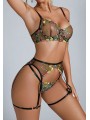 Three-piece sexy lace lingerie set in black color featuring floral design