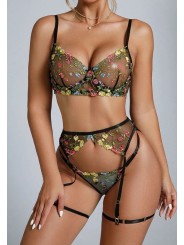 Three-piece sexy lace lingerie set in black color featuring floral design