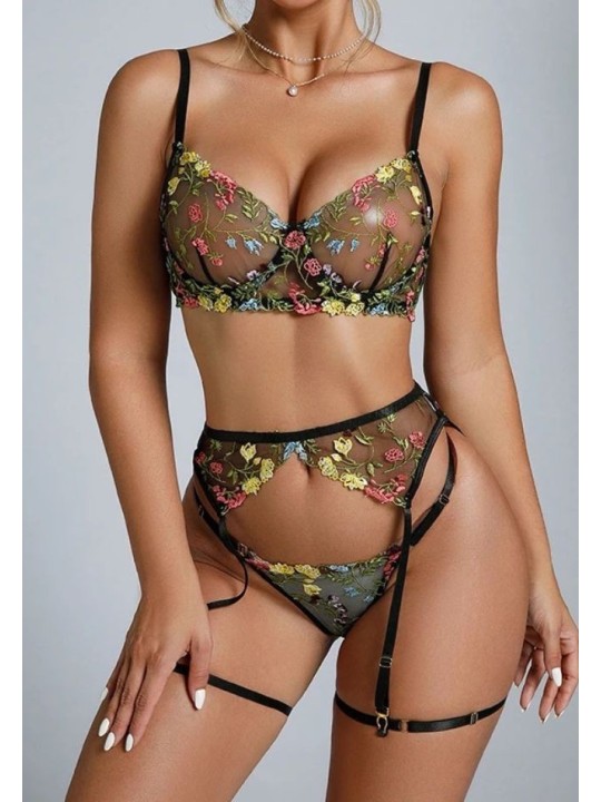 Ensemble de lingerie sexy en dentelle trois pièces de couleur noire avec motif floral.