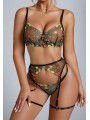 Three-piece sexy lace lingerie set in black color featuring floral design