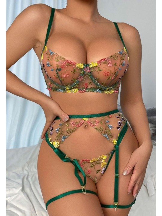 Three-piece sexy lace lingerie set in green color featuring floral design.