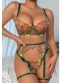 Three-piece sexy lace lingerie set in green color featuring floral design.