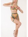 Three-piece sexy lace lingerie set in green color featuring floral design.