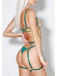 Ensemble de lingerie sexy en dentelle trois pièces de couleur verte avec un motif floral.