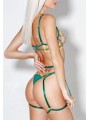 Three-piece sexy lace lingerie set in green color featuring floral design.