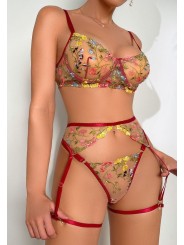 Three-piece sexy lace lingerie set in burgundy (wine) red, floral design.