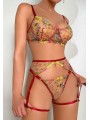 Ensemble de lingerie sexy en dentelle trois pièces de couleur rouge bordeaux, motif floral.