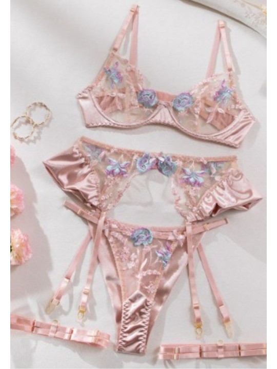 Three-piece sexy lace lingerie set in champagne rose color, floral design, gentle satin material.