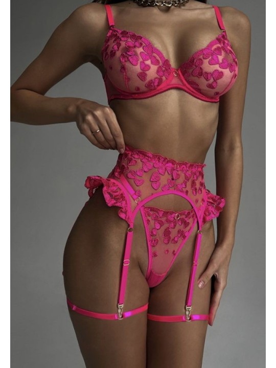 Three-piece sexy lace lingerie set in pink color featuring heart design.