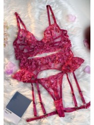 Ensemble de lingerie sexy en dentelle trois pièces de couleur rose avec motif de cœurs.