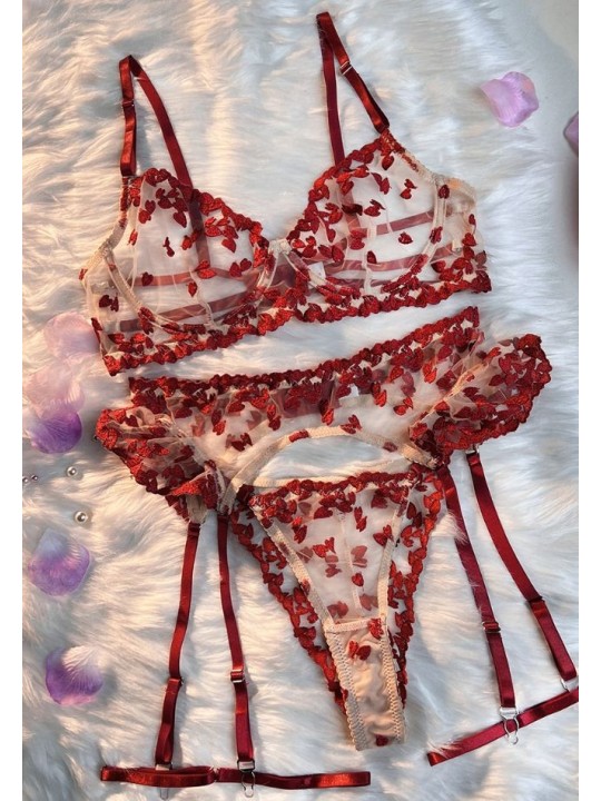 Three-piece red sexy lingerie set including: bra, suspender and adjustable panties, red hearts design.