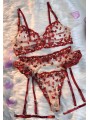 Three-piece red sexy lingerie set including: bra, suspender and adjustable panties, red hearts design.