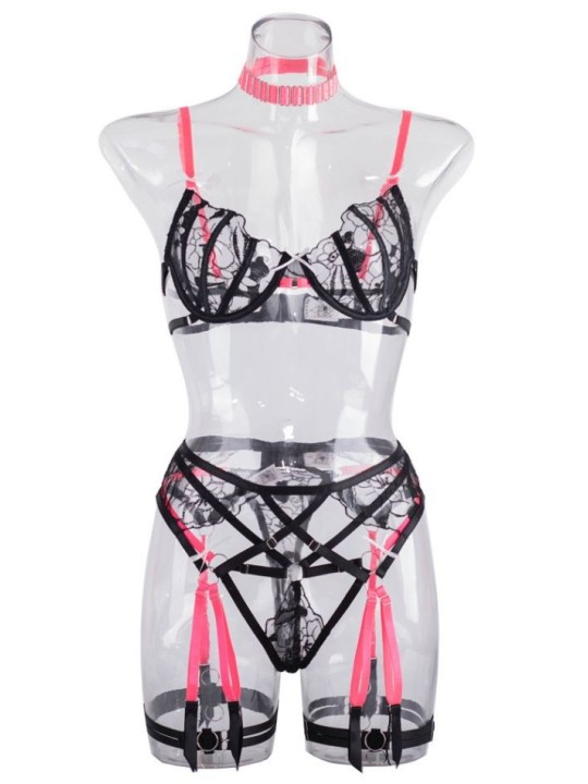 Three-piece lingerie set in black and neon pink color