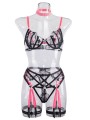 Three-piece lingerie set in black and neon pink color