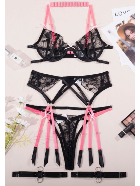 Ensemble de lingerie trois pièces en noir et rose néon