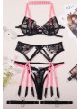 Three-piece lingerie set in black and neon pink color