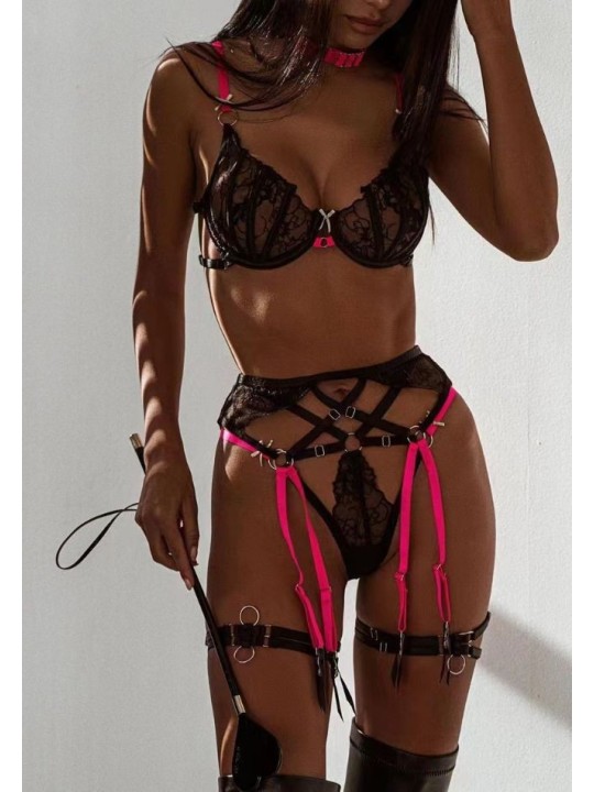 Three-piece lingerie set in black and neon pink color